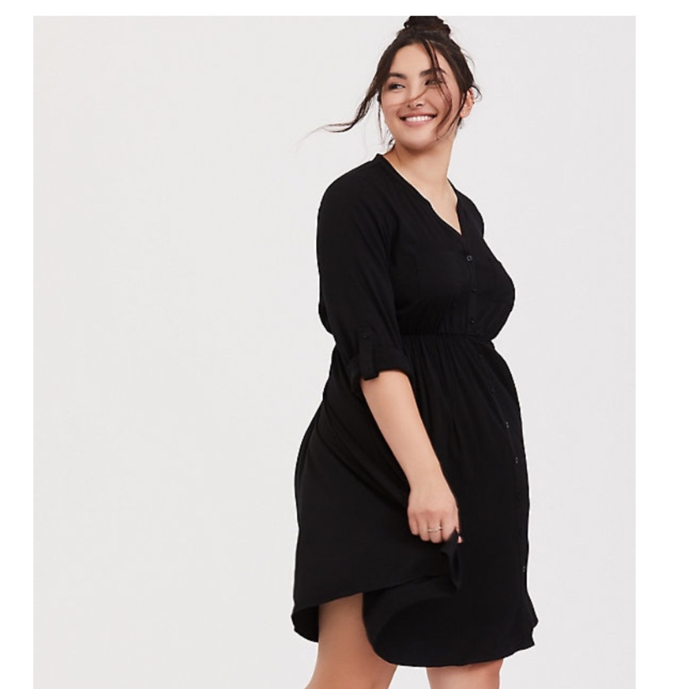 BLACK CHALLIS BUTTON FRONT SHIRT DRESS